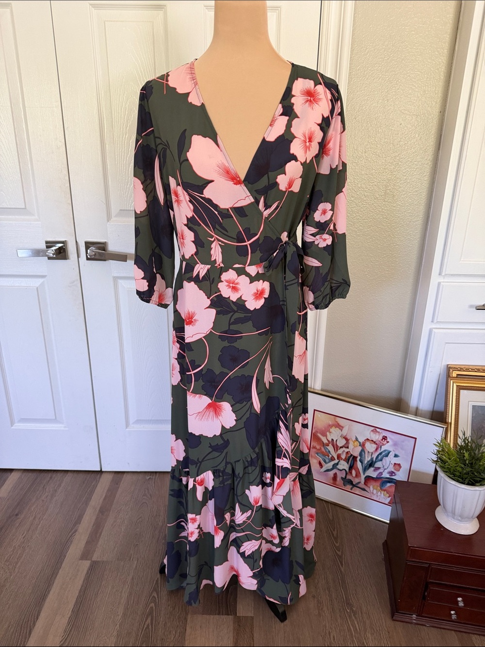 Olive green Maxi Wrap Dress with Pink Floral Print tropical